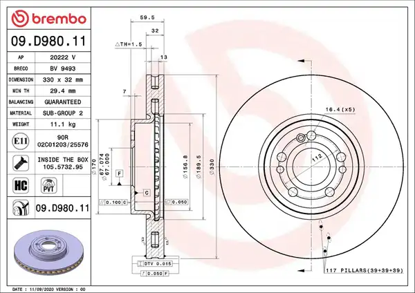 BREMBO 09D98011 | Fren Diski Ön Mercedes Gle Class V167 18 23