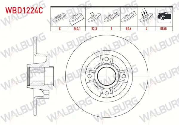 WALBURG WBD1224 | Fren Diski Arka Düz 4 Bjn 240x8x54 92x80 7 Megane II 2 Adet