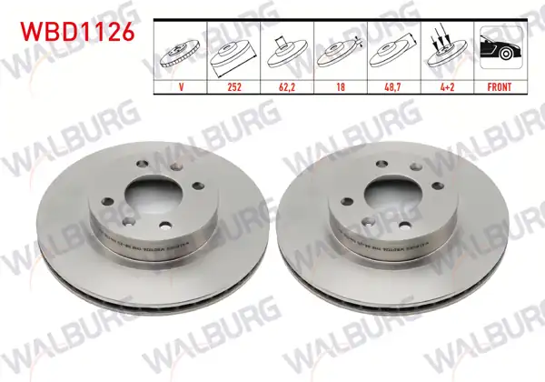 WALBURG WBD1126 | Fren Diski Ön Havalı 4 Bjn 252X18x62,2X48,7 Hyundai i10 | 2 Adet