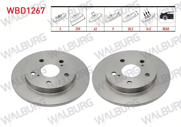 WALBURG WBD1267 | Fren Diski Arka Düz 5 Bjn 259X9x62x30,5 Toyota Corolla 1.4 Vvt-I-1.6 Vvt-I 2007-2012 / Corolla 1.6 2012-/ Corolla 1.33 2007-2012 / Auris 1.33 Dual-Vvt-I 2007-2012 / Auris 1.6 Vvt-I 2007-2012 | 2 Adet