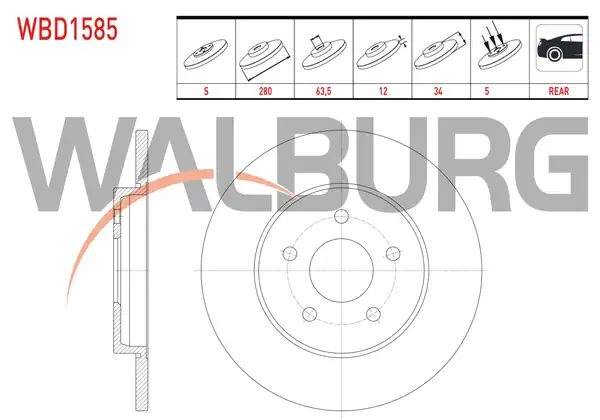 WALBURG WBD1585 | Fren Diski Arka Düz 5 Bjn 280x12x63 5x34 Ford Mondeo III 2 Adet