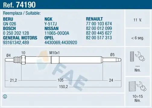 FAE 74190 | Kızdırma Bujisi Espace Laguna Master II Traffic Movano 2 2 2 5dci