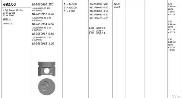 KİNG 182050964 | Piston Segman 82mm 0 60mm Riken Segmanlı Doblo 1 9 D 223a 6000 Engine Piston Marka 4 Adet