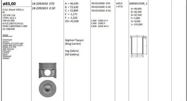 KİNG 182092650 | Piston 83 00mm Std Opel Insignia A Zafira C 2 0 Dth A20dth 160hp 4 Adet