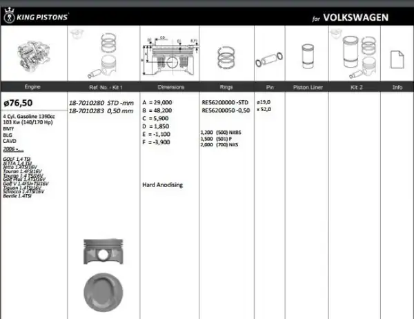 KİNG 187010283 | Piston 76 50 mm 0 50 Volkswagen Golf 1 4 TSI 140 PS Cava BMY BLG Riken Segmanlı 4 Adet