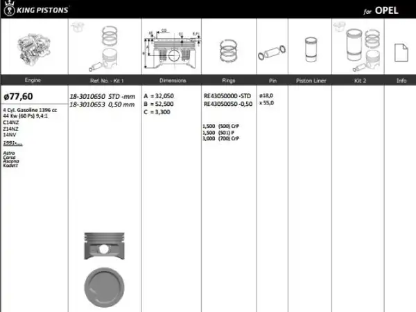 KİNG 183010653 | Piston 77 60 mm 0 50 Opel Astra F Corsa A 1 4i 90 C14se C14nz X14nz X14sz Riken Segmanlı 4 Adet