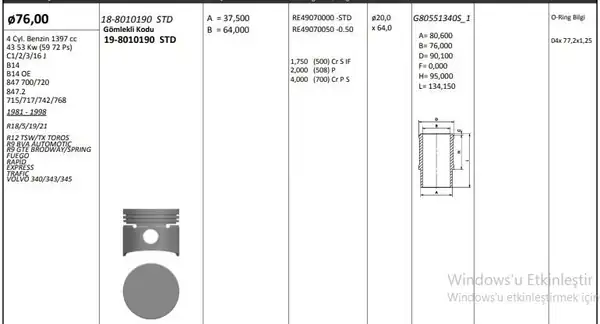 KİNG 19-8010190 | Motor Kiti Piston Segman Gomlek R12 R9 1 4 76 00mm Std Riken Segmanlı Piston 4 Adet
