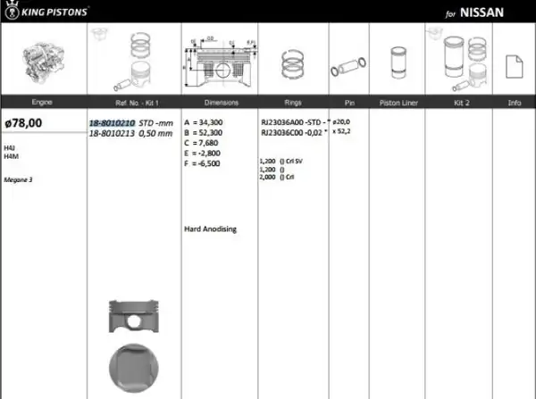 KİNG 188010213 | Piston 78 00 mm 0 50 Renault Megane III Scenic 1 4 Tce 1 4 16v 1 6 09 H4j Riken Segmanlı 4 Adet