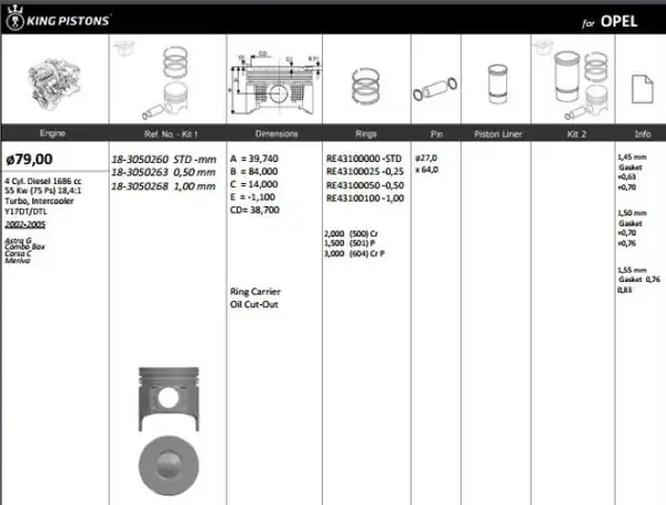 KİNG 183050263 | Piston 79 00 mm 0 50 Astra G Corsa C Combo C 1 7 Dtı 16v 00 Y17dt Y17dtl Riken Segmanlı 4 Adet