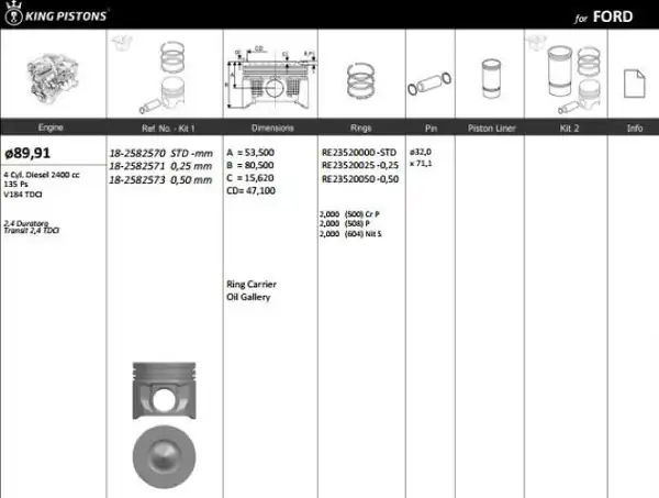 KİNG 182582573 | Piston 89 91 mm 0 50 Ford Transit V184 2 4 TDCI 03 Riken Segmanlı 4 Adet
