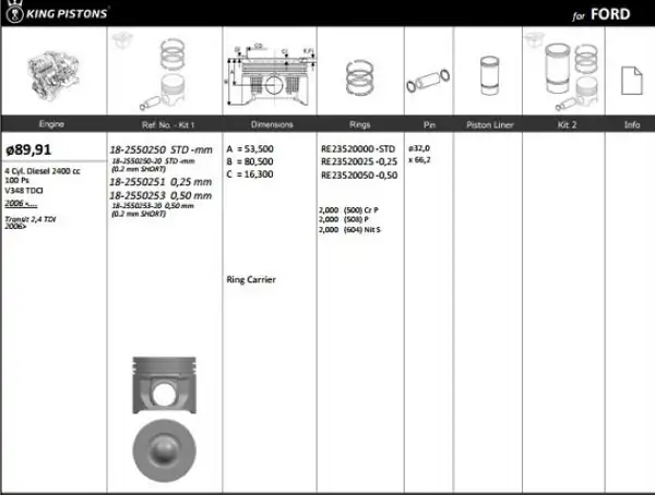 KİNG 18255025320 | Piston 89 90 mm 0 50 Ford Transit V348 2 4 TDI 100 PS 06 Riken Segmanlı 0 20 Kısa 4 Adet