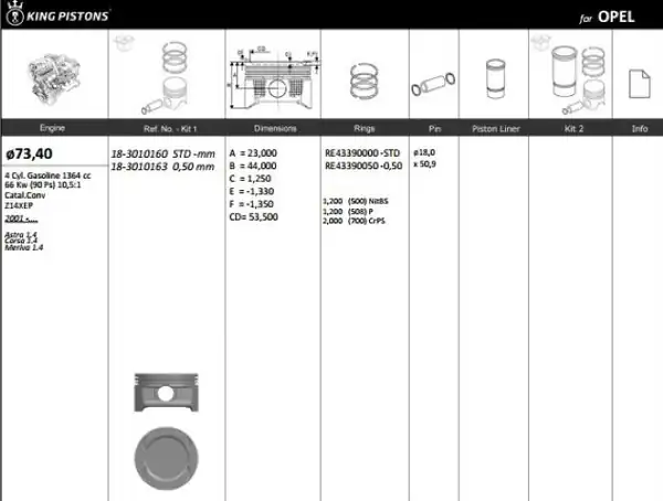 KİNG 183010163 | Piston 73 40 mm 0 50 Opel Meriva Astra 1 4 16v 04 Z14xep Euro 4 Riken Segmanlı 4 Adet
