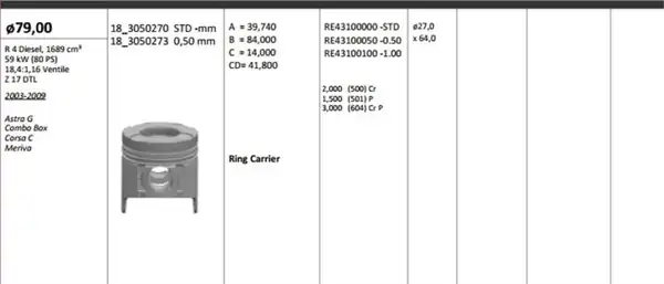 KİNG 183050270 | Piston 79 00 mm Std Opel Astra G Combo Corsa C Meriva 1 7d Z17dtl Riken Segmanlı 4 Adet