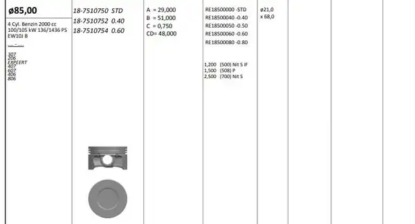KİNG 187510750 | Piston 85 00 mm Std Peugeot P206 P207 P406 P407 2 0 136 PS Ew10j4 Riken Segmanlı 4 Adet