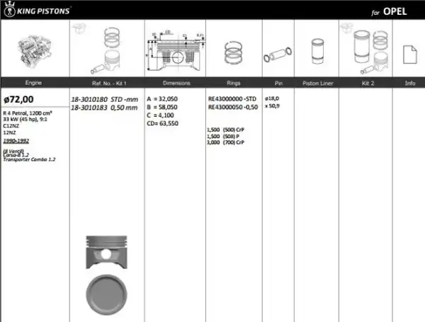 KİNG 183010183 | Piston 72 00 mm 0 50 Opel Corsa A Combo 1 2 89 C12nz Riken Segmanlı 4 Adet