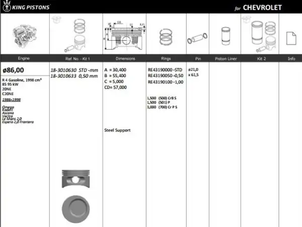 KİNG 183010633 | Piston 86 00 mm 0 50 Opel Vectra A Omega A Frontera A 2 0 C20ne 20ne Riken Segmanlı 4 Adet