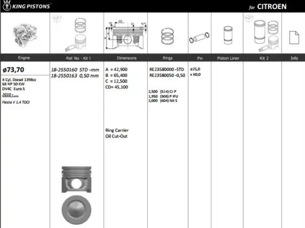 KİNG 182550163 | Piston 73 70 mm 0 50 Peugeot P208 Bipper Ford Fiesta Citroen Nemo 1 4 Hdi 12 Dv4c Euro 5 4 Adet