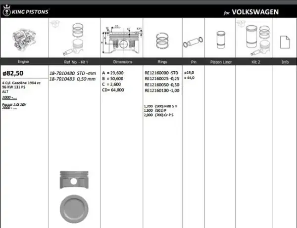 KİNG 187010483 | Piston 82 50 mm 0 50 Volkswagen Passat 2 0 20v 00 Alt Riken Segmanlı 4 Adet