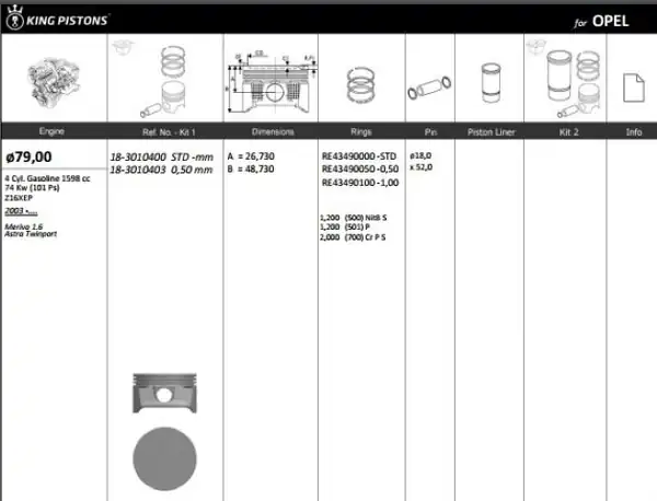 KİNG 183010400 | Piston 79 00mm Std Opel Astra G H Vectra C Meriva 1 6 16v Z14xe Z16xep 02 4 Adet