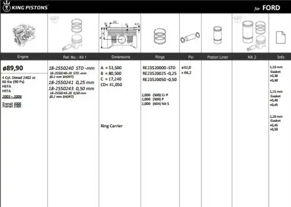 KİNG 182550243 | Piston 89 90 mm 0 50 Ford Transit V184 2 4 D 03 06 Riken Segmanlı 4 Adet