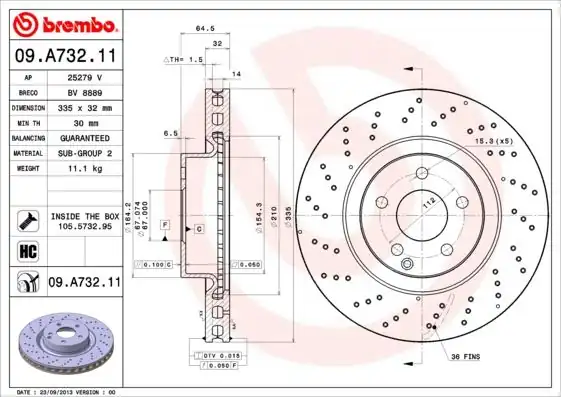 BREMBO 09A73211 | Fren Diski Ön Mercedes S Class W221 C216
