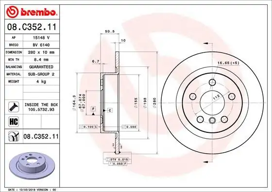 BREMBO 08.C352.11 | Fren Diski Arka (BMW F40-F45-F46-F48-F39 Mini F54-F60) | 2 Adet Takım