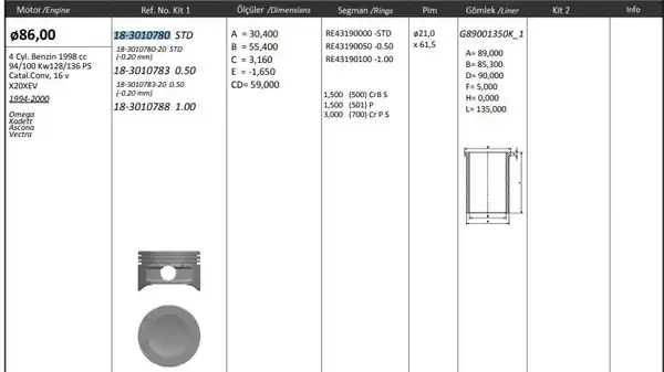 KİNG 18301078020 | Piston 86 00mm Std Astra F G Vectra A B Omega B 2 0 16v 0 20 Kısa 4 Adet