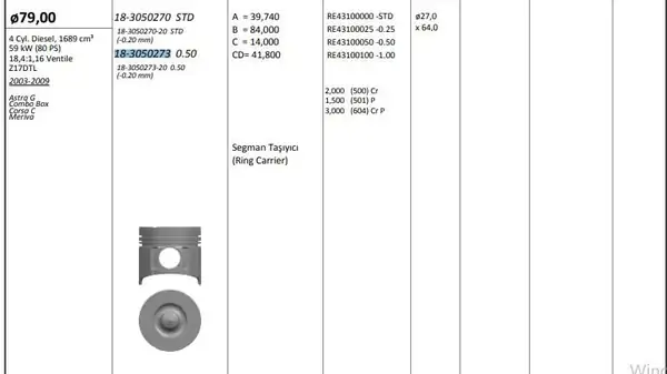 KİNG 18305027320 | Piston 79 00 mm 0 50 Opel Astra G Combo Corsa C Meriva 1 7d Z17dtl Riken Segmanlı 0 20 Kısa 4 Adet