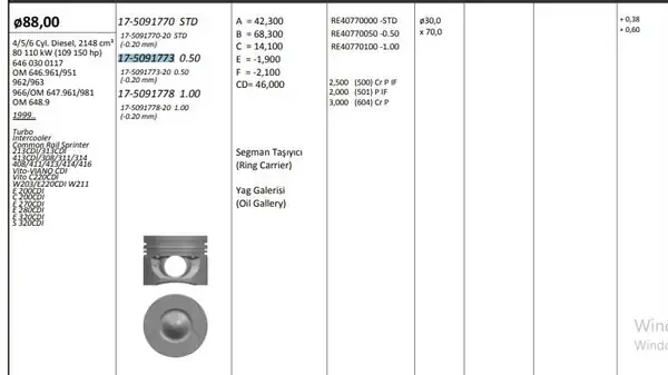 KİNG 17509177320 | Piston 88 00 mm 0 50 Mercedes Sprinter W203 E S320 CDI Om646 647 4 5 6 Sil. 0 20 Kısa