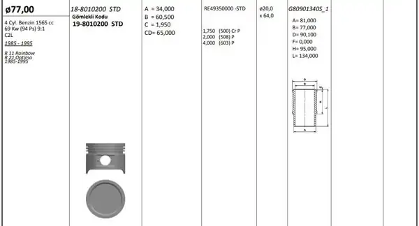 KİNG 188010220 | Piston 78 00 mm Std Renault Megane IV 1 6 Benzin 15 H4m 4 Adet
