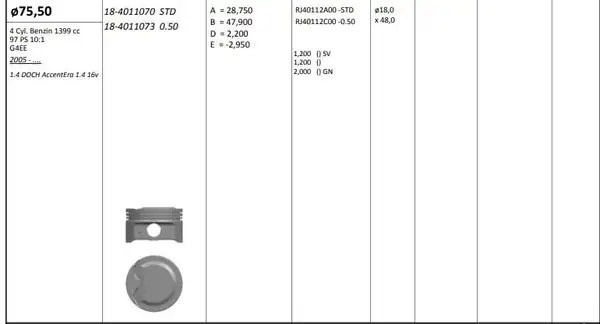 KİNG 184011070 | Piston 75 50 mm Std Hyundai Accent Era 1 4 16v 05 G4ee Riken Segmanlı 4 Adet