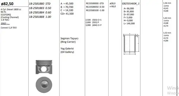 KİNG 182581888 | Piston 82 50 mm 1 00 Ford Transit Connect 1 8 TDCI 01 90 PS Riken Segmanlı 4 Adet