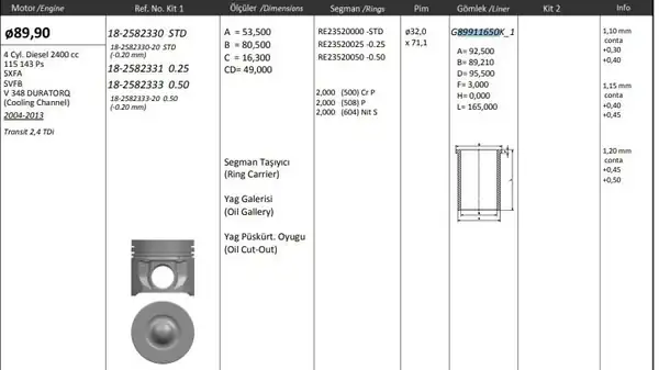 KİNG G89911650K2M | Gömlek 89.91 mm (Std) Ford Transit V.184 V.347 2.4D 01-(Kal | 4 Adet