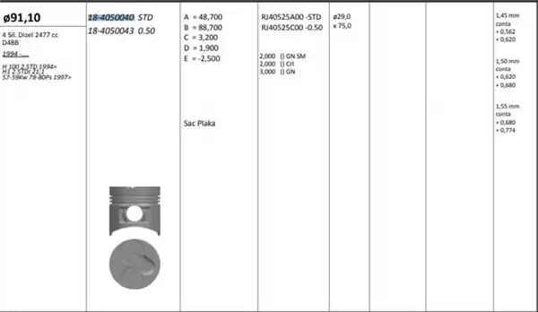 KİNG 184050040 | Piston 91 10 mm Std Hyundai H100 H 1 2 5 TD 94 D4bb Riken Segmanlı 4 Adet