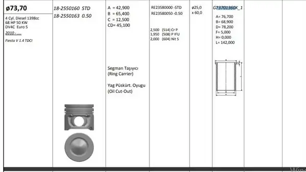KİNG G73701360K2M | Gomlek 73 70 mm 0 50 Ford Fiesta 1 4 TDCI 02 4 Adet 2120171