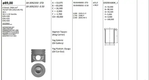 KİNG 183092350 | Piston 89 00 mm Std Renault Master Opel Movano Vivaro 2 5 dCi 06 G9u 632 650 4 Adet