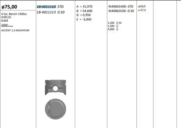 KİNG 184011110 | Piston 75 00 mm Std Hyundai Accent 1 5 Milenyum 00 G4ec G4eg G4eb Benzinli 4 Adet