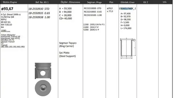 KİNG G93651740K2M | Gomlek 93 67mm 0 50 Ford Kalın Transit T 12 T 15 91 4 Adet
