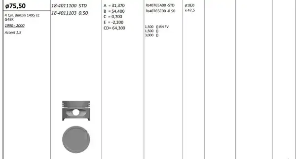 KİNG 184011100 | Piston 75 50 mm Std Hyundai Accent 1 5 Milenyum 90 00 G4ek 4 Adet