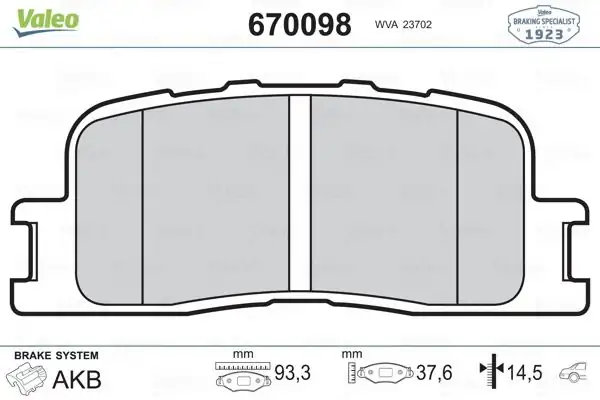 Valeo 670098 Arka Fren Balatası Toyota Camry 2 0 2 4 3 0 01 06 Lexus Es300 3 0 01 06