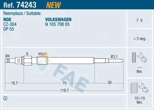 FAE 74243 | Kızdırma Bujisi 7V Passat Bkp Touran Golf Jetta A3 A4 A6 2.0 TDI Altea Leon Toledo III 2.0 TDI Octavia
