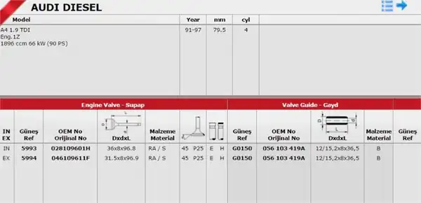 GÜNEŞ 59935994 | Takım Subap 8v Volkswagen Transporter T4 Passat 19tdi 1z AFN 4 Silindir Tek Yaylı
