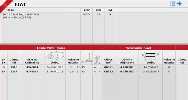GÜNEŞ 13161317 | Takım Subap Fiat M131 1300 8v 131a IN 4 Ex 4