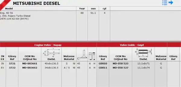 GÜNEŞ 37213722 | Takım Subap 8v Mitsubishi H100 L300 23td 94 97 Em 4d55t 4d56t D4bh