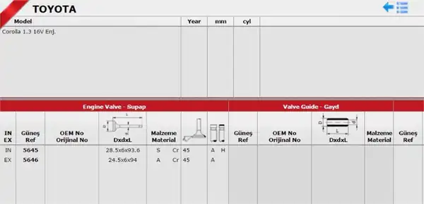 GÜNEŞ 56455646 | Takım Subap Toyota Corolla 1 3 16v 98 02