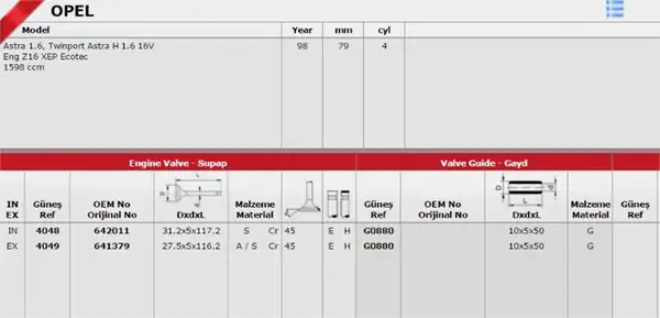 GÜNEŞ 4048-4049 | Takım Subap 16v Opel Astra Insignia Cruze 16 Z16xep Astra G Astra H Astra J