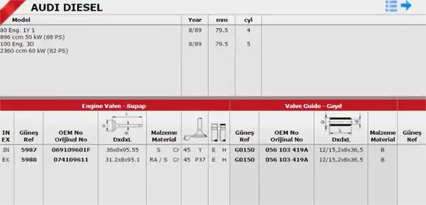 GÜNEŞ 59875988 | Takım Subap 8v Volkswagen Transporter T4 19d 24d 1x AAB 4 Silindir