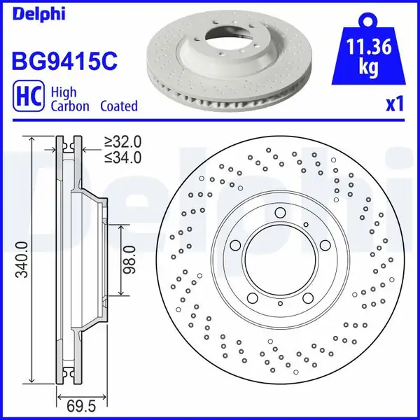DELPHI BG9415C | Fren Aynası Delikli Yüksek Karbonlu Sol Porsche 911 Targa Cabrio 12 Boxster 15