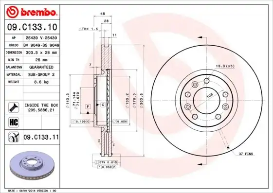 BREMBO 09C13311 | Ön Fren Aynası Astra L 21 Grandland Combo E 19 Partner Berlingo 18 508 18 5008 308 3008 C4 C5 408 22 304x28x5dl Havalı