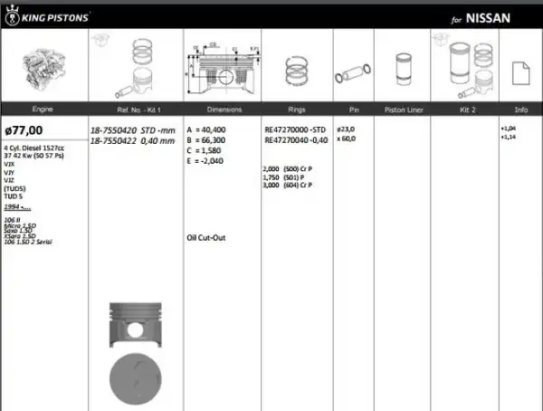 KİNG 187550420 | Piston 77 00 mm Std Peugeot P106 Citroen Saxo Xsara Nissan Micra 1 5d Tud5 Riken Segmanlı 4 Adet